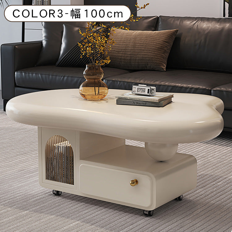 有機フォルムのモダンセンターテーブルリビング用 収納付きローテーブル ブラック×アイボリー htyjj-6584