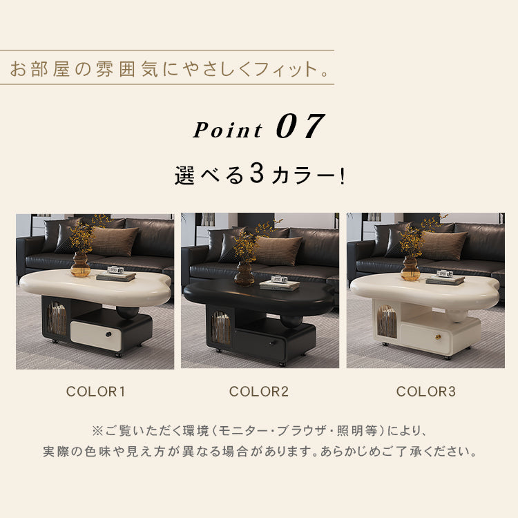 有機フォルムのモダンセンターテーブルリビング用 収納付きローテーブル ブラック×アイボリー htyjj-6584