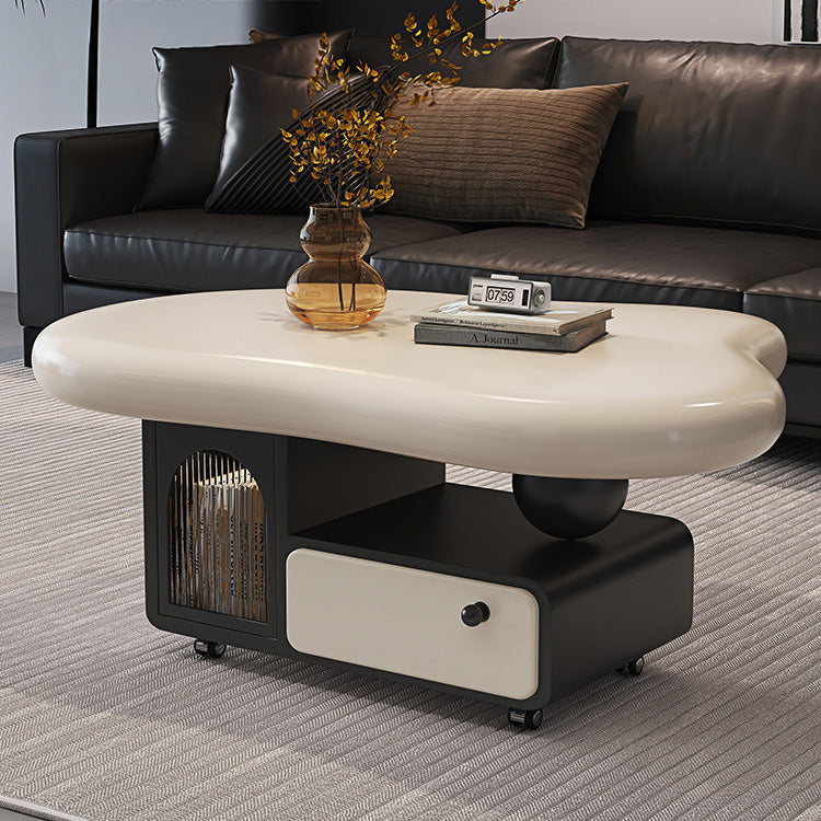 有機フォルムのモダンセンターテーブルリビング用 収納付きローテーブル ブラック×アイボリー htyjj-6584