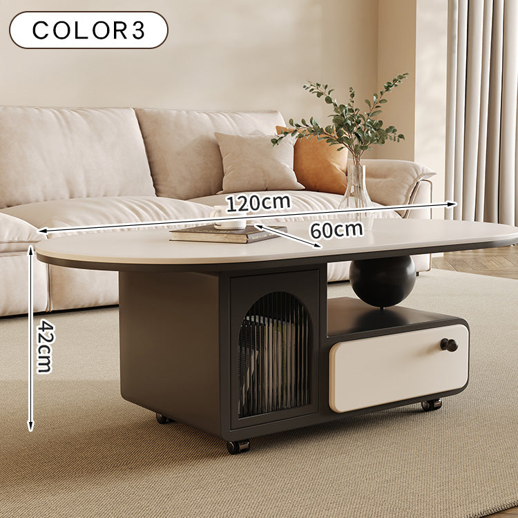 セラミックストーン天板センターテーブルリビング用 収納付きローテーブル アイボリー×モダンデザイン htyjj-6585