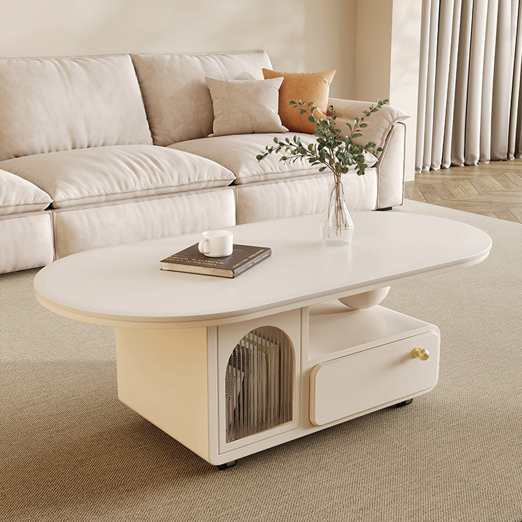 セラミックストーン天板センターテーブルリビング用 収納付きローテーブル アイボリー×モダンデザイン htyjj-6585