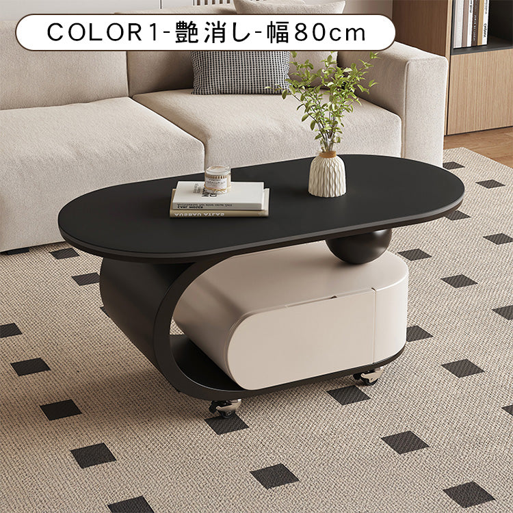 オーバルフォルムのセラミック天板風センターテーブル キャスター収納が便利なモダンリビングテーブル htyjj-6591