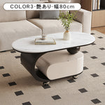 オーバルフォルムのセラミック天板風センターテーブル キャスター収納が便利なモダンリビングテーブル htyjj-6591