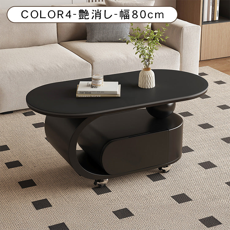 オーバルフォルムのセラミック天板風センターテーブル キャスター収納が便利なモダンリビングテーブル htyjj-6591