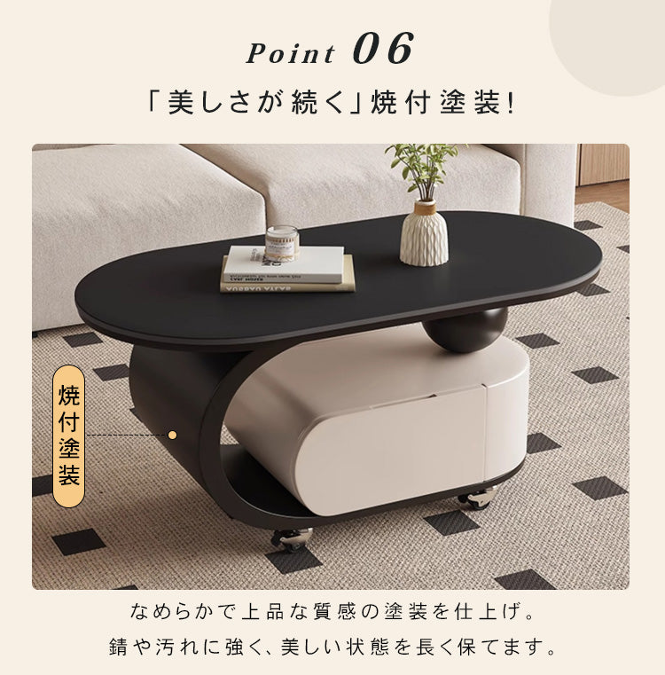 オーバルフォルムのセラミック天板風センターテーブル キャスター収納が便利なモダンリビングテーブル htyjj-6591
