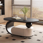 オーバルフォルムのセラミック天板風センターテーブル キャスター収納が便利なモダンリビングテーブル htyjj-6591