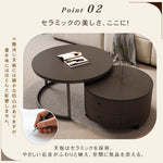 モダンブラックのセラミック天板センターテーブルセット リビングに映える高級ローテーブル+収納付きサブテーブル htyjj-6598