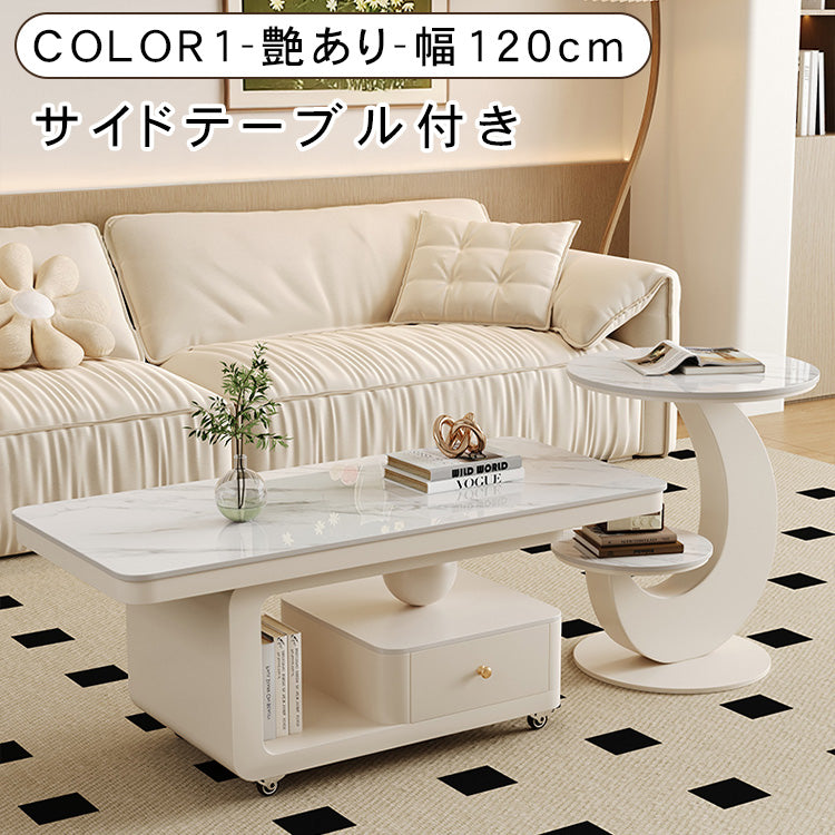 北欧風リビングテーブル 高級感あるマーブル調天板&収納スペース付き htyjj-6605-2