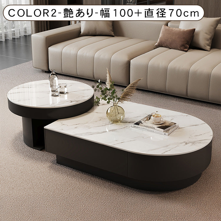 モダンリビング ローテーブルセット ブラック 強化ガラス天板×セラミック天板 デザイナーズ コーヒーテーブル htyjj-6611