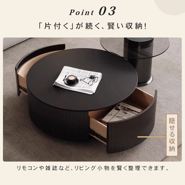 デザイナーズ リビングローテーブル セラミック風丸型×ガラス天板サイドテーブル モダンインテリア ブラック htyjj-6612