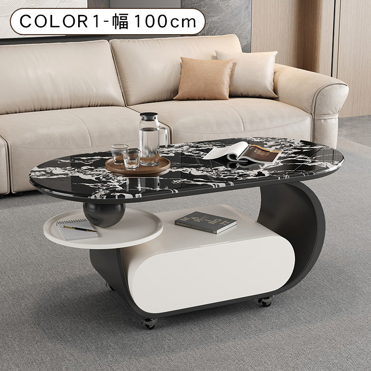 高級マイクロクリスタルストーン天板センターテーブルリビングモダン 楕円ローテーブル 収納スペース&スライドトレイ付き htyjj-6616