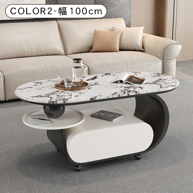 高級マイクロクリスタルストーン天板センターテーブルリビングモダン 楕円ローテーブル 収納スペース&スライドトレイ付き htyjj-6616