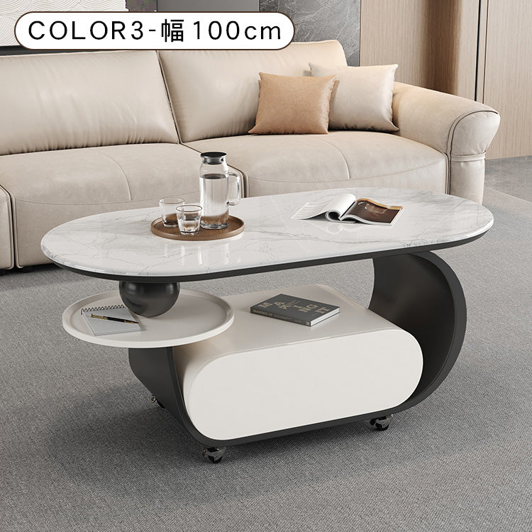 高級マイクロクリスタルストーン天板センターテーブルリビングモダン 楕円ローテーブル 収納スペース&スライドトレイ付き htyjj-6616