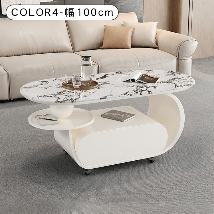 高級マイクロクリスタルストーン天板センターテーブルリビングモダン 楕円ローテーブル 収納スペース&スライドトレイ付き htyjj-6616