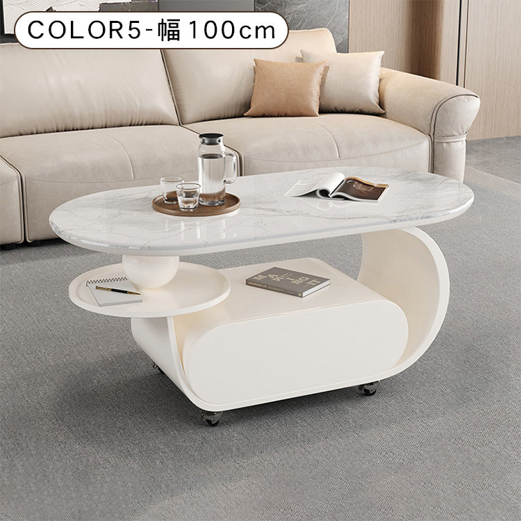 高級マイクロクリスタルストーン天板センターテーブルリビングモダン 楕円ローテーブル 収納スペース&スライドトレイ付き htyjj-6616