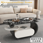 高級マイクロクリスタルストーン天板センターテーブルリビングモダン 楕円ローテーブル 収納スペース&スライドトレイ付き htyjj-6616