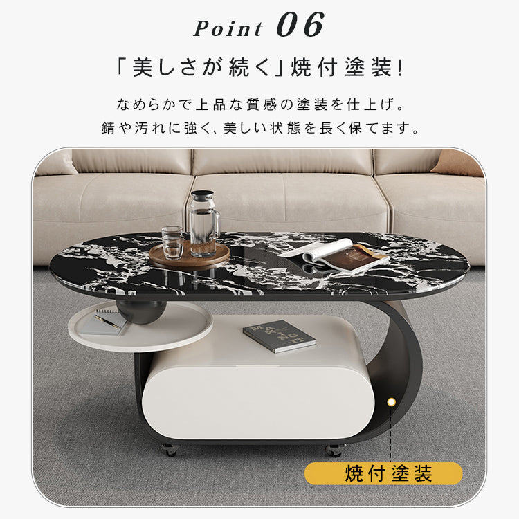 高級マイクロクリスタルストーン天板センターテーブルリビングモダン 楕円ローテーブル 収納スペース&スライドトレイ付き htyjj-6616