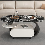 高級マイクロクリスタルストーン天板センターテーブルリビングモダン 楕円ローテーブル 収納スペース&スライドトレイ付き htyjj-6616