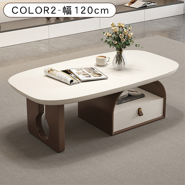 デザイナーズ リビングローテーブル 木製ホワイト天板 オープン収納&引き出し付き シンプルモダン htyjj-6617