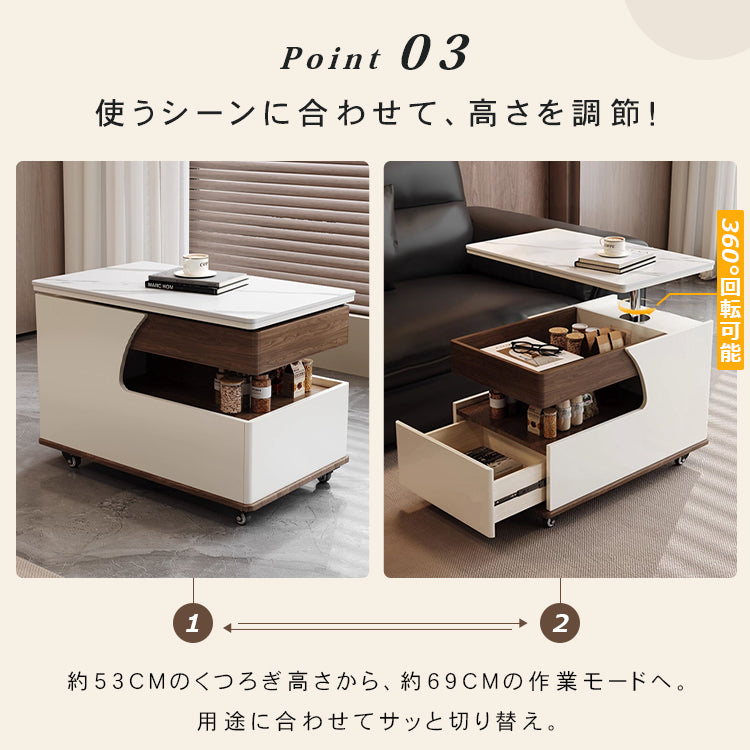 北欧モダン リビングセンターテーブル セラミック天板 収納ボックス付き ウッド調 キャスター付き htyjj-6618