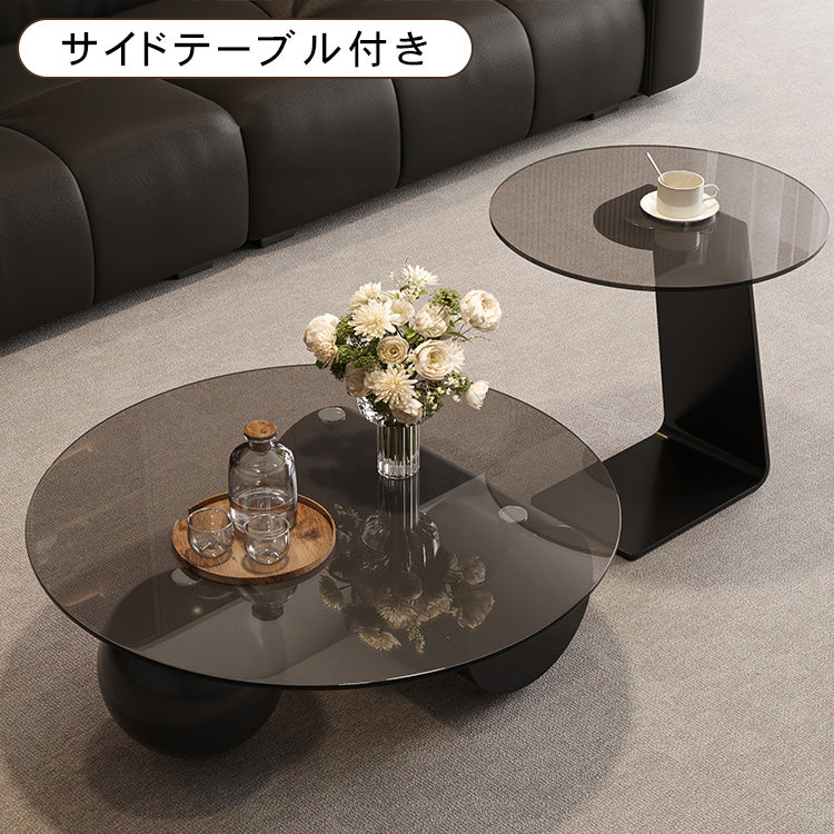 強化ガラス天板センターテーブルセットリビング用 丸型ローテーブル+サイドテーブル モダンデザイン htyjj-6619