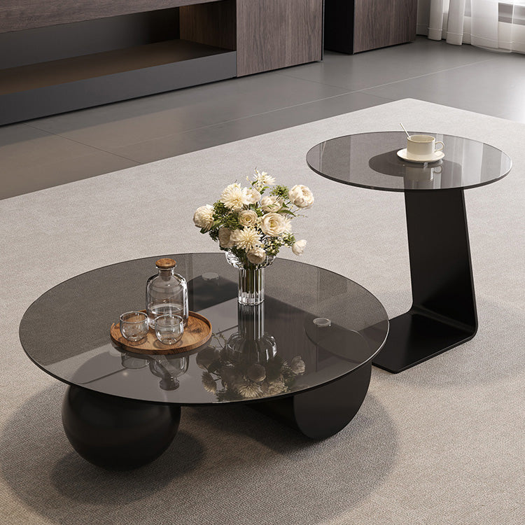強化ガラス天板センターテーブルセットリビング用 丸型ローテーブル+サイドテーブル モダンデザイン htyjj-6619