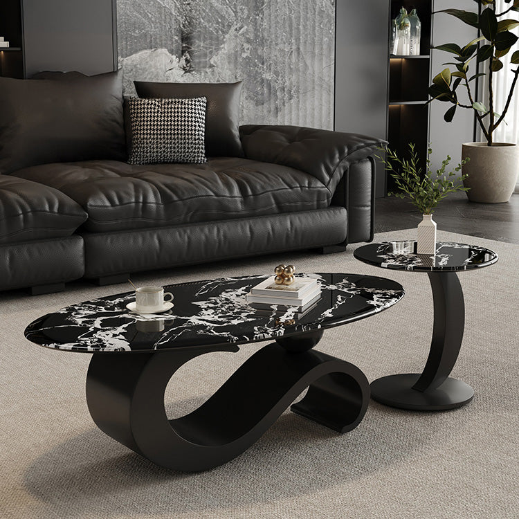 高級マイクロクリスタルストーン天板 リビングセンターテーブルセットブラックマーブル調ローテーブル&サイドテーブル モダンインテリア htyjj-6625