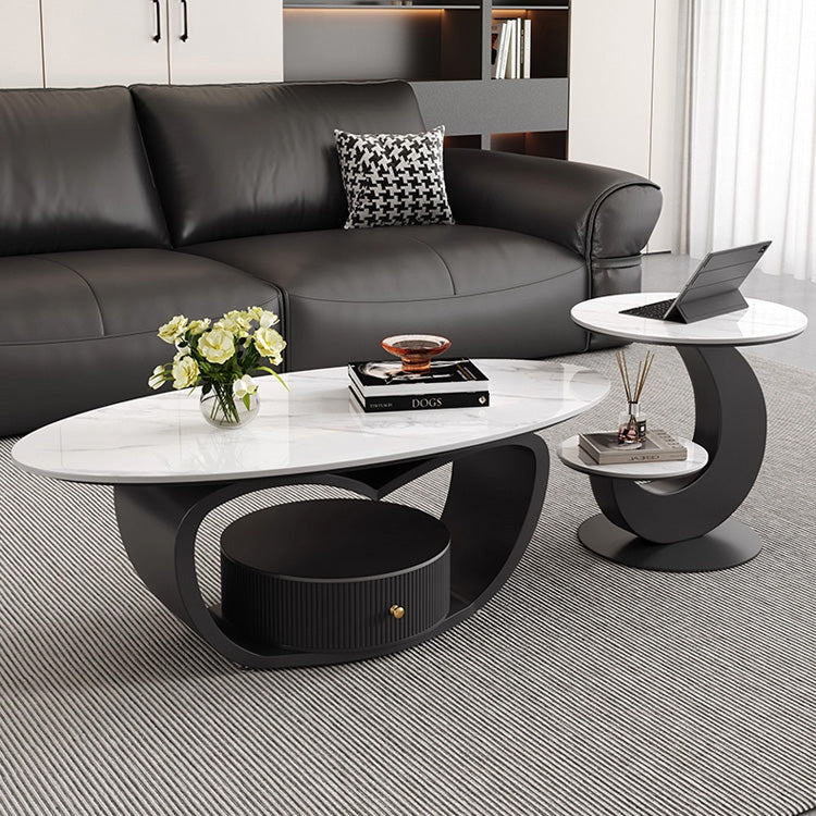 オーバルフォルムのセラミック天板センターテーブルセット ホワイト×ブラックが映えるモダンリビング中心桌 htyjj-6630