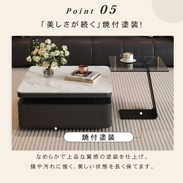 光沢ホワイト イタリアンモダン セラミック天板 センターテーブル|収納付き 正方形 リビングテーブル サイドテーブルセット htyjj-7364-c2