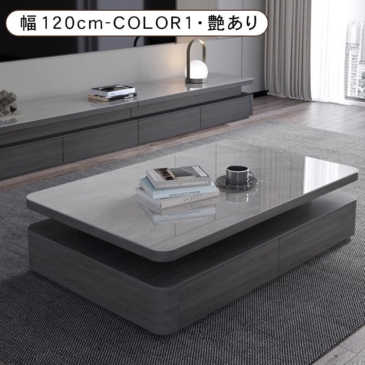 リビングセンターテーブル セラミック天板×グレー木目 モダンデザインのロータイプ収納テーブル hykg-5867