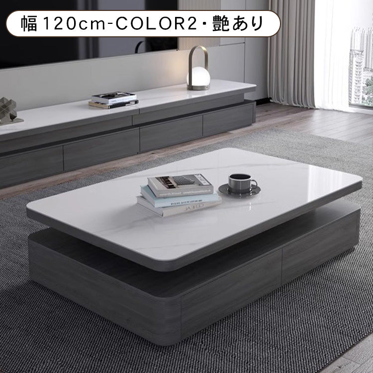 リビングセンターテーブル セラミック天板×グレー木目 モダンデザインのロータイプ収納テーブル hykg-5867