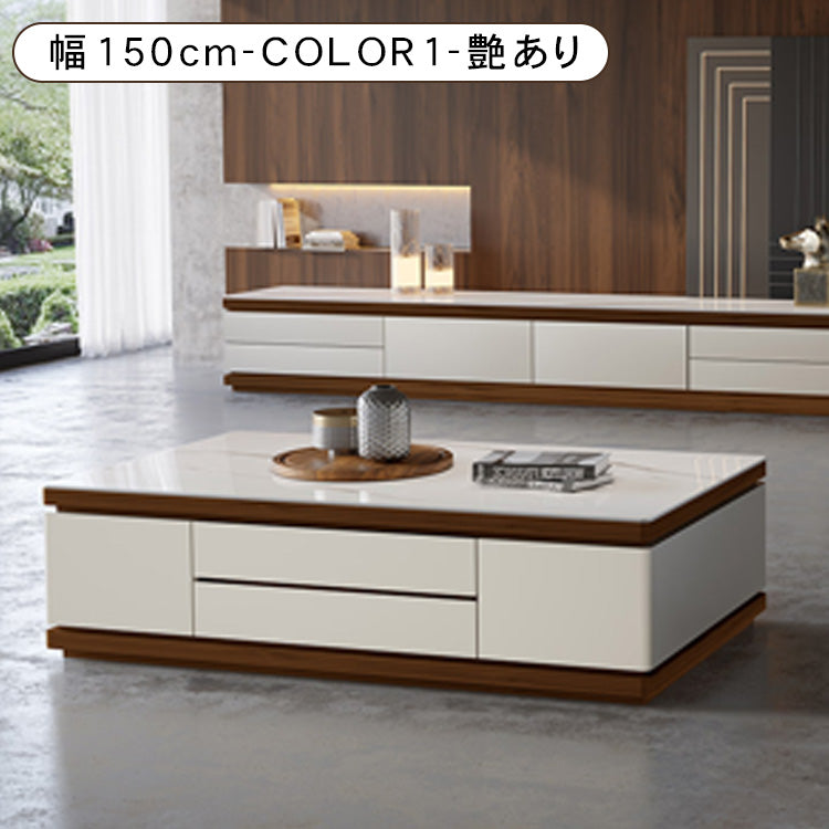 リビングセンターテーブル セラミック天板×パイン材調 モダンデザインの引き出し収納ローテーブル hykg-5872