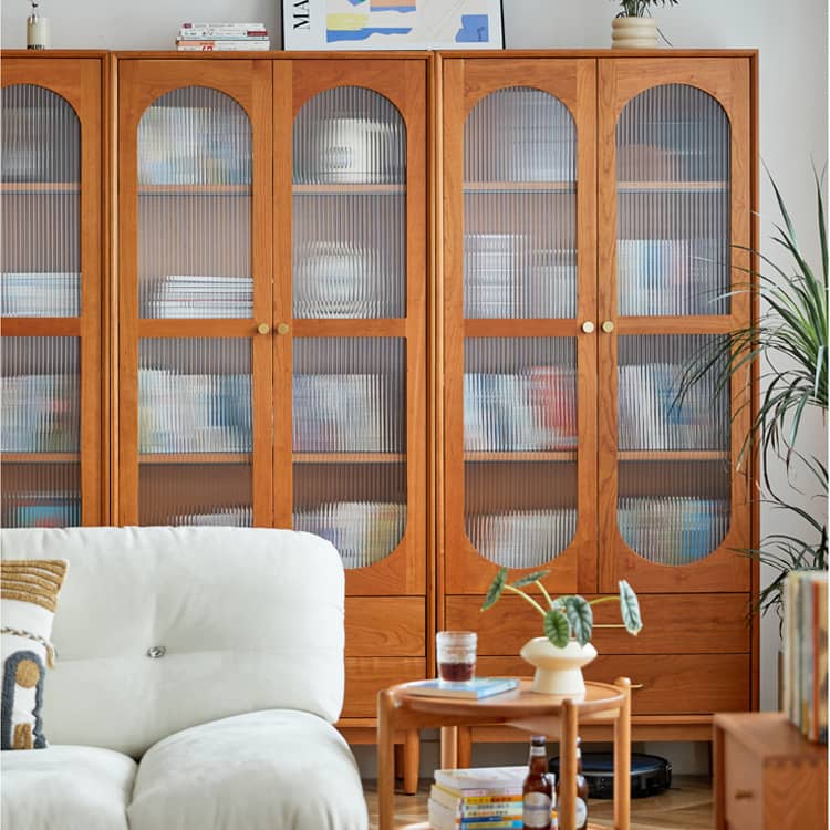 高級チェリー材キャビネット - 多層板とガラス&アルミ合金銅の完璧な組み合わせ hykmq-761