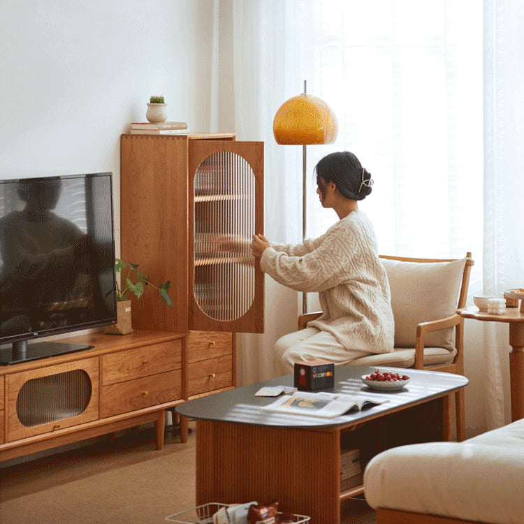 【高級キャビネット】チェリー材×多層板の美麗デザイン+ガラス&銅製アクセント hykmq-766