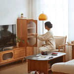 【高級キャビネット】チェリー材×多層板の美麗デザイン+ガラス&銅製アクセント hykmq-766