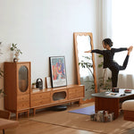 【高級キャビネット】チェリー材×多層板の美麗デザイン+ガラス&銅製アクセント hykmq-766