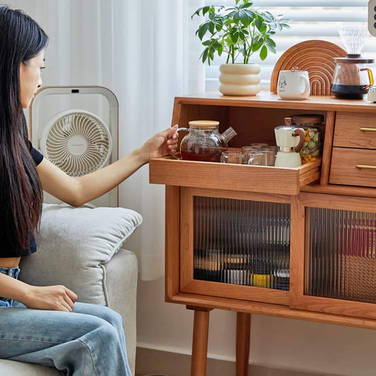 チェリー材多層板キャビネット|上質ガラス&銅仕上げ 収納家具 hykmq-795