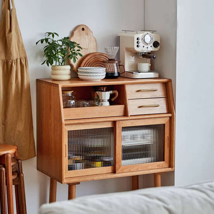 チェリー材多層板キャビネット|上質ガラス&銅仕上げ 収納家具 hykmq-795