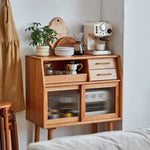 チェリー材多層板キャビネット|上質ガラス&銅仕上げ 収納家具 hykmq-795