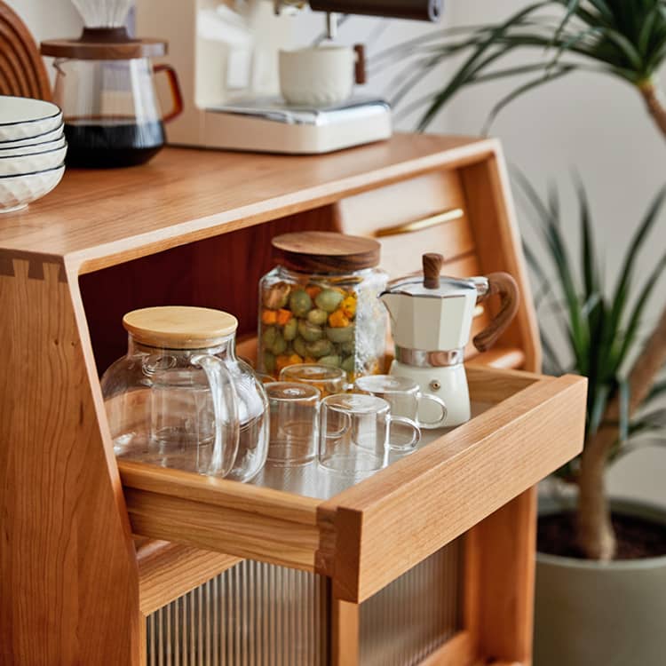 チェリー材多層板キャビネット|上質ガラス&銅仕上げ 収納家具 hykmq-795