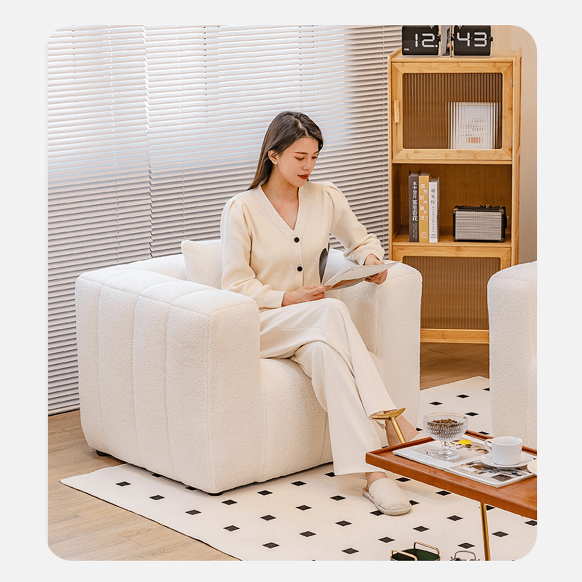 モダンデザイン!松材フレームとシープボア生地が融合した快適な合皮綿ソファー jy-112