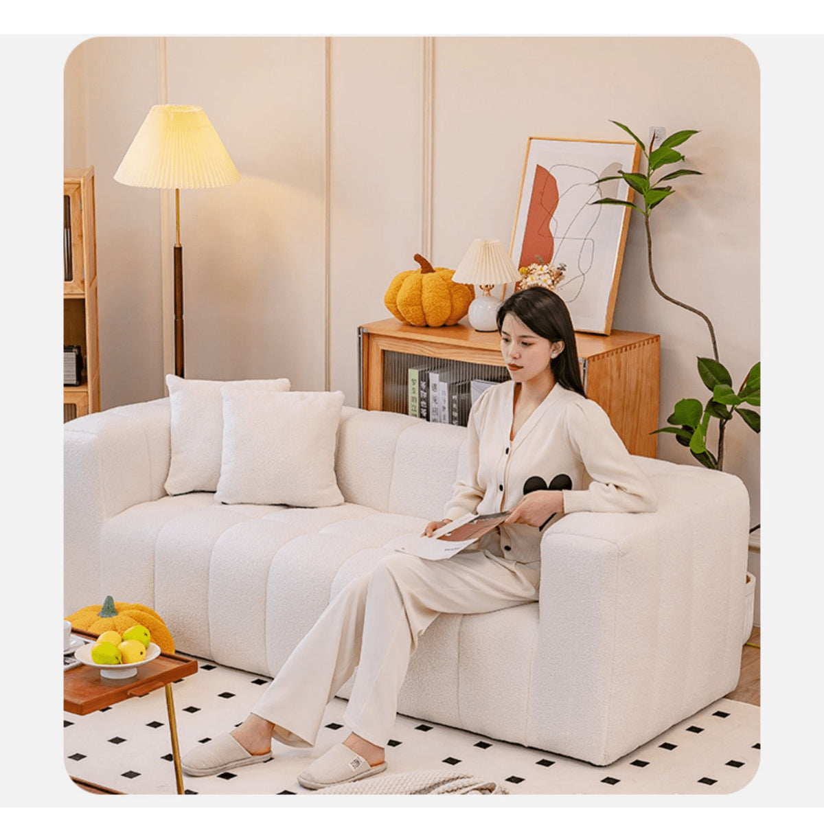 モダンデザイン!松材フレームとシープボア生地が融合した快適な合皮綿ソファー jy-112