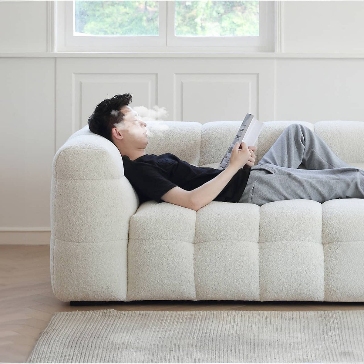 【究極のリラックス】シープボアとパイン材使用、極上のダウンソファー my-343