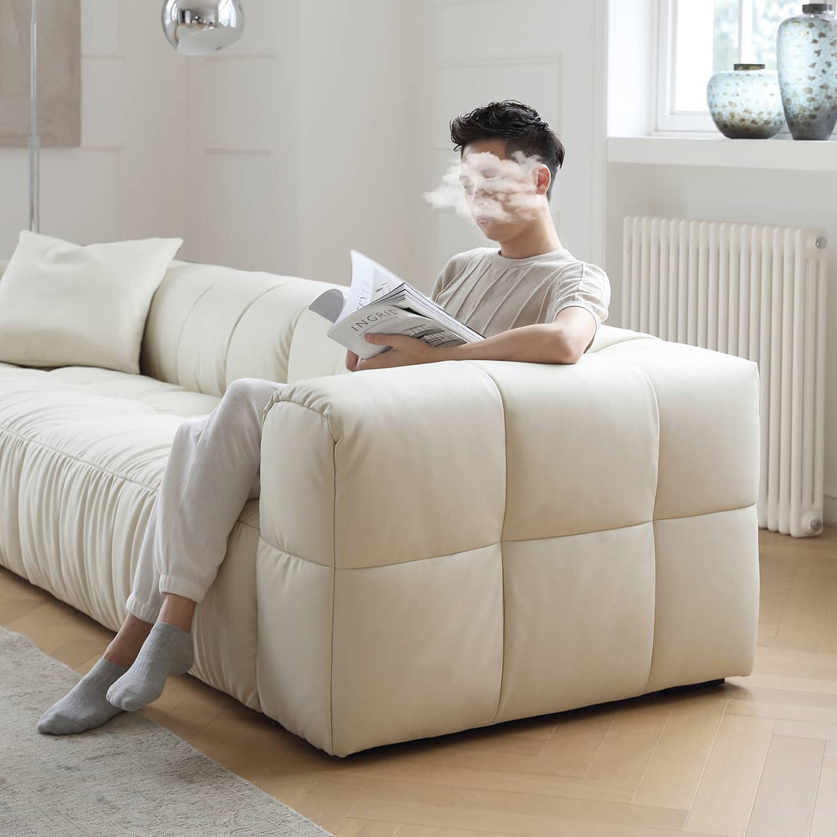 【高級感あふれる】パイン材フレーム&合皮ソファー - 極上の真綿クッション付き my-355