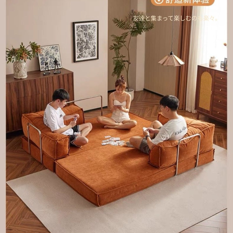 ヴィンテージ風 ファブリックソファーベッド|モジュール式 圧縮タイプ 直線型 2〜3人掛け カバー洗濯可 折りたたみ リビング用 qsjj-0203-22