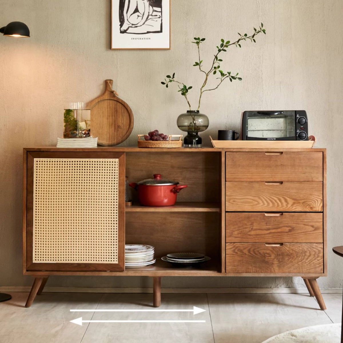 ラタンとアッシュ材の多層板キャビネット|ナチュラルデザイン収納家具 tzm-515