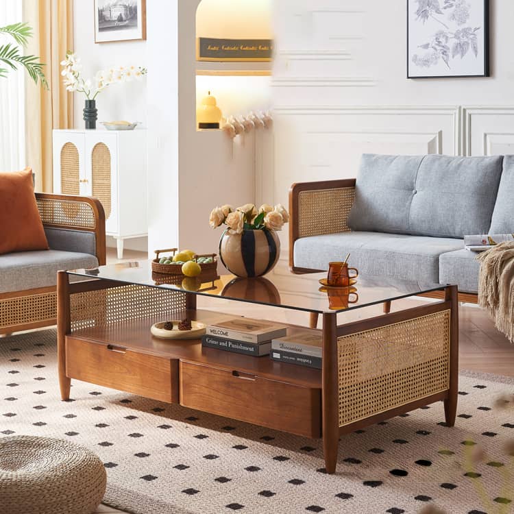 【高級ラタン&アッシュ材】おしゃれセンターテーブル|強化ガラス天板付き tzm-532