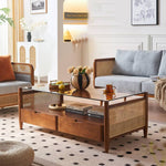 【高級ラタン&アッシュ材】おしゃれセンターテーブル|強化ガラス天板付き tzm-532