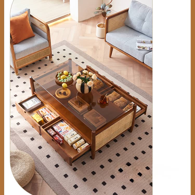 【高級ラタン&アッシュ材】おしゃれセンターテーブル|強化ガラス天板付き tzm-532