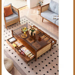 【高級ラタン&アッシュ材】おしゃれセンターテーブル|強化ガラス天板付き tzm-532